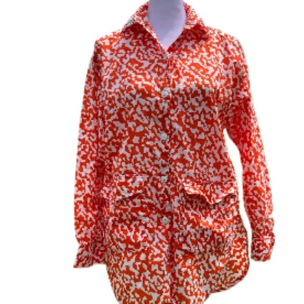 Albert Nipon Orange & White Patterned Button Down Shirt - Small